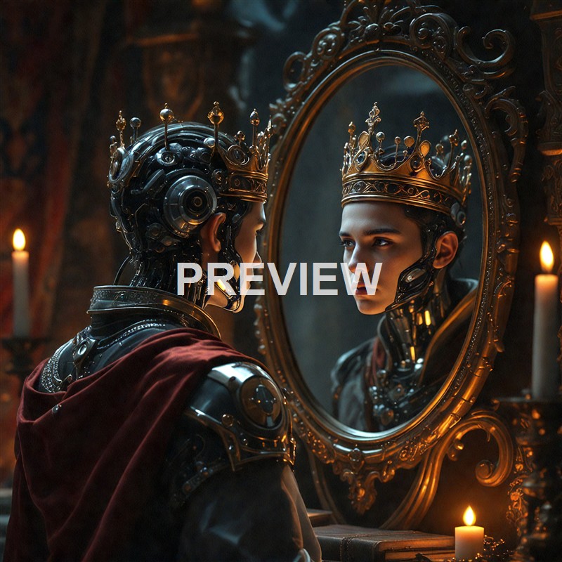 A young woman with a human face and robotic body, wearing a crown, looking into an ornate mirror in a dimly lit room with candles, blending elements of royalty and advanced technology.